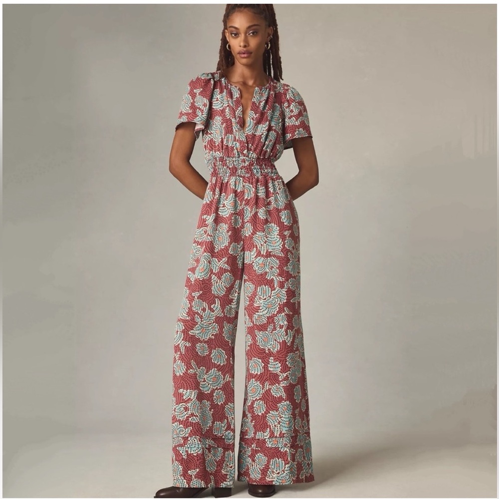 Anthropologie Floral Wide-Leg Jumpsuit in Red and White